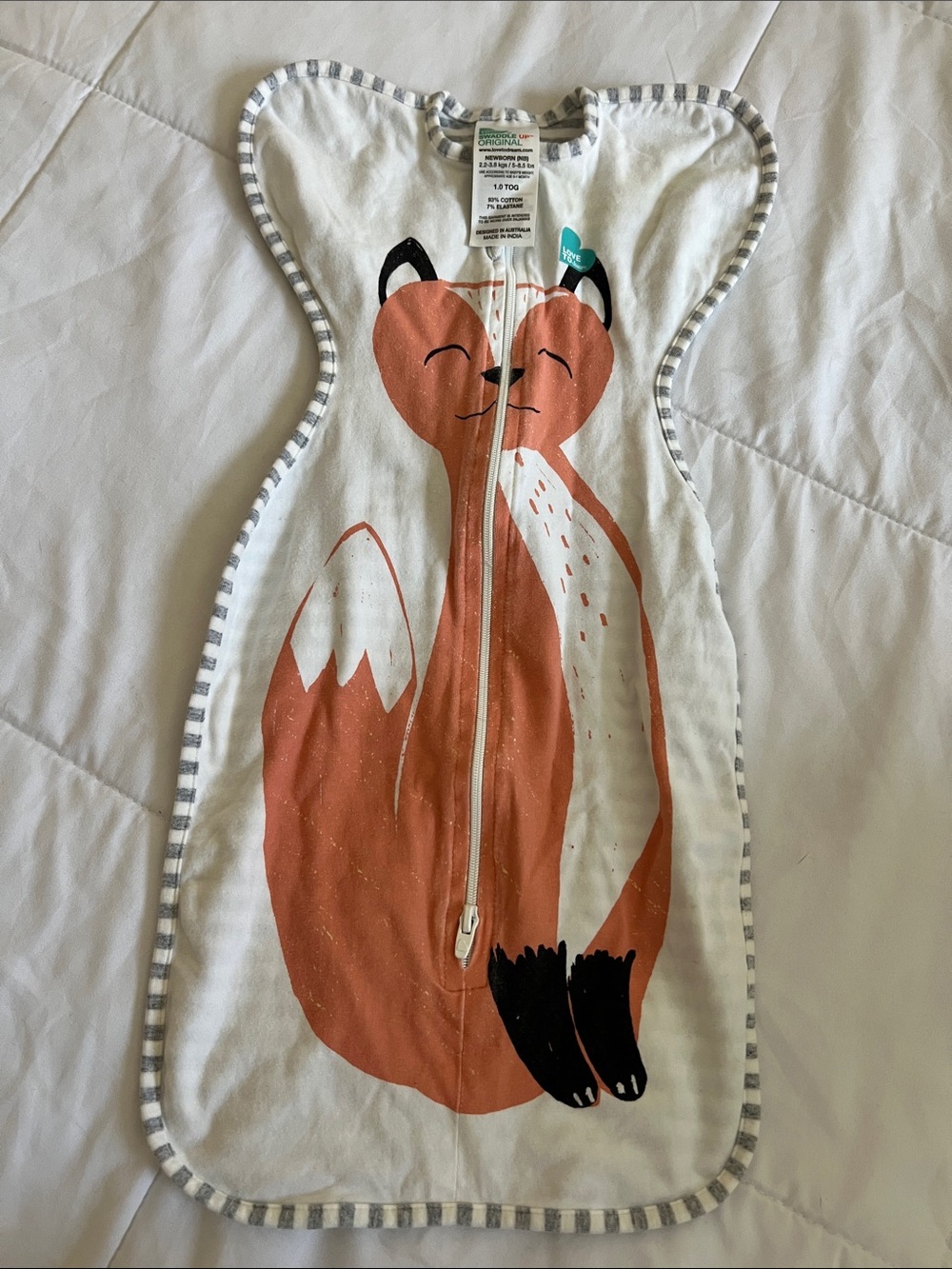 Love to dream White & Orange Fox Zip Swaddle